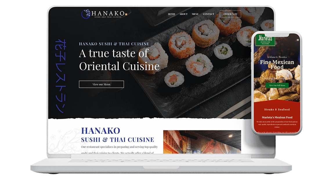 Hanako Sushi and Thai Cuisine desktop website and Marietas Mexican Food mobile version from Websy
